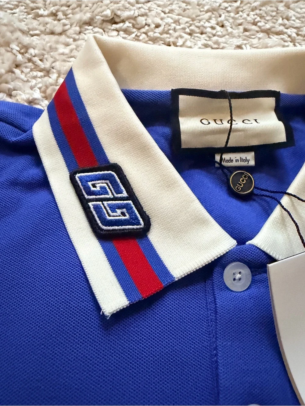 Gucci Men's Cobalt Blue Polo with Contrast Stripe Collar
